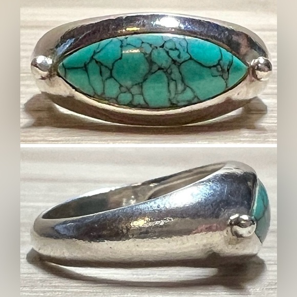 Vintage Marsala Sterling Silver Spiderweb Turquoise Marquise Ring, Size 7, 5g - Picture 1 of 10